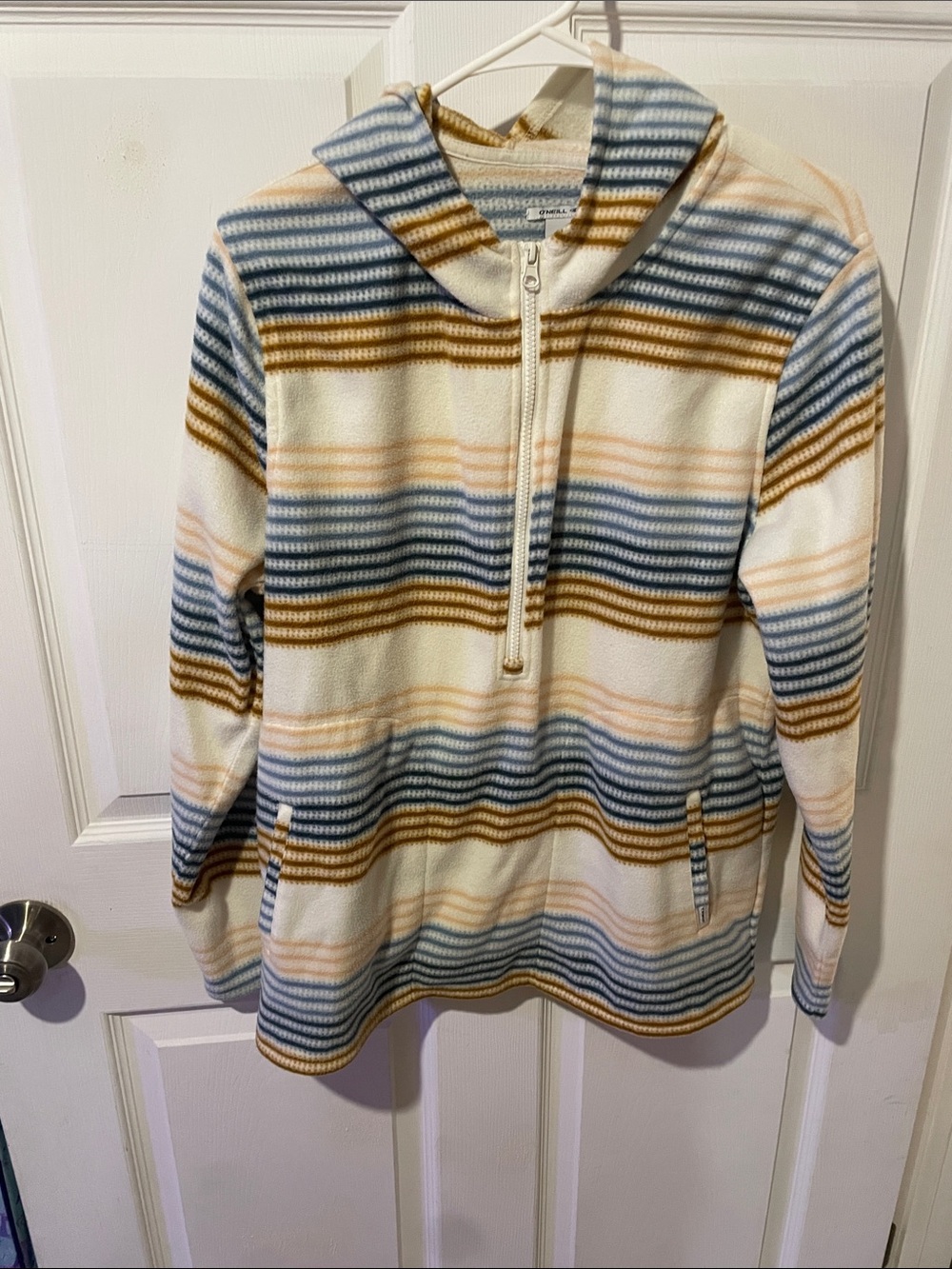O'Neill Striped Half-Zip Hooded Fleece in Cream, Blue & Tan